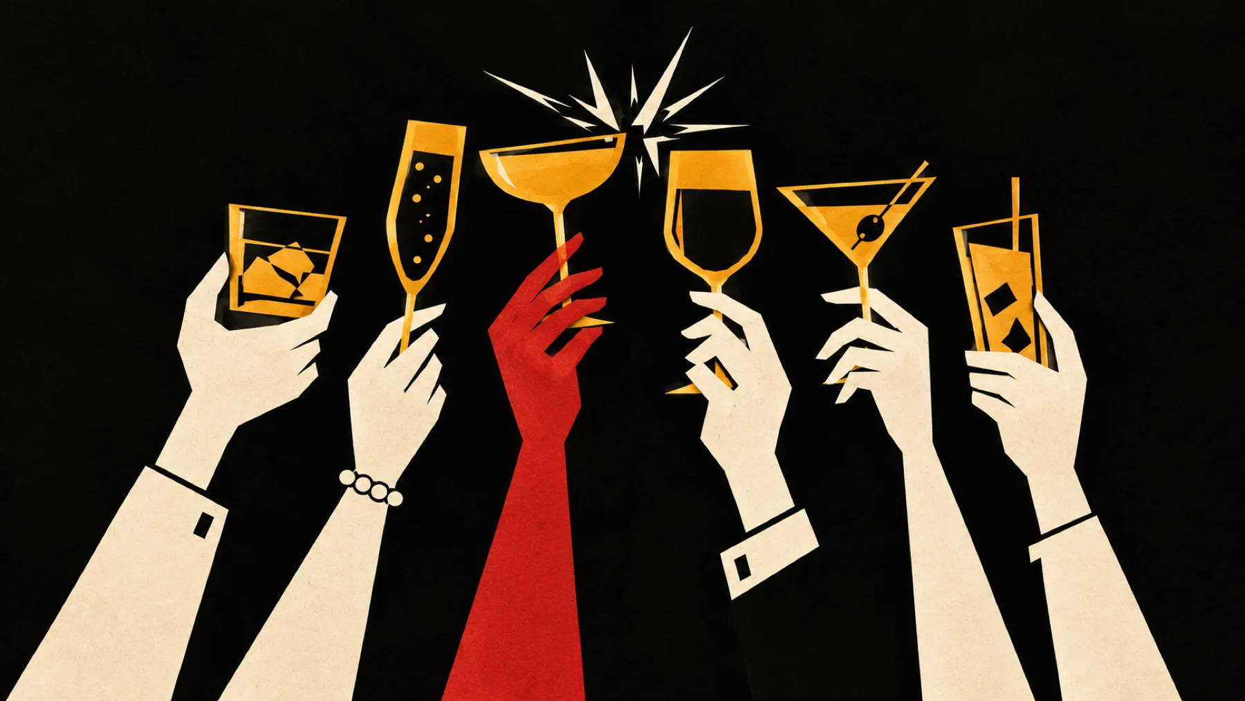 Six hands raising six different glasses in a toast. One of them is red.